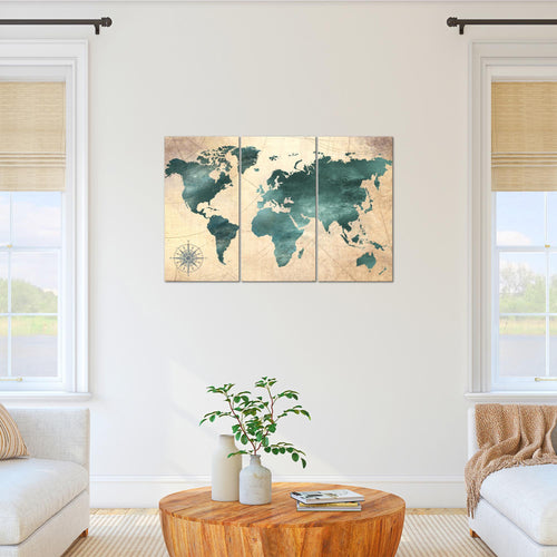 Runa Art Wandbilder Weltkarte Bild XXL Büro Wohnzimmer Grün braun Antik 120 x 80 cm 3 Teilig 026031a