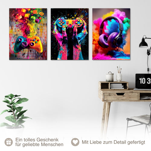 Novart Bilder Set Gamer - KEIN EXTRA RAHMEN BENÖTIGT - Wandbilder für Kinderzimmer - 3 Teilig Deko Videospiel - N041236a