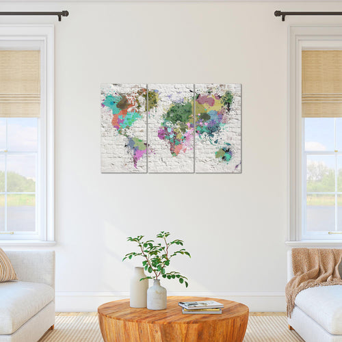 Runa Art Wandbilder Weltkarte Bild XXL Büro Wohnzimmer Bunt Ziegelwand 120 x 80 cm 3 Teilig 107531c