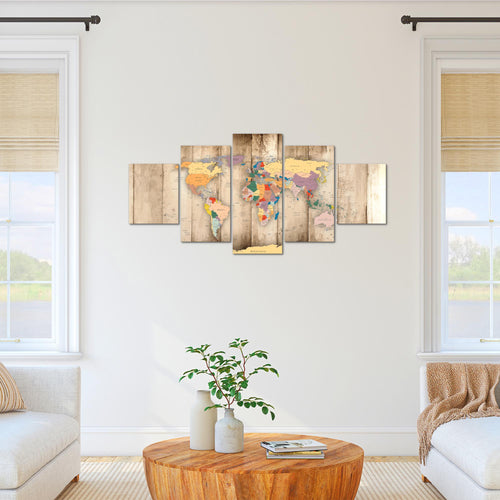 Runa Art Bild Büro Wohnzimmer Weltkarte Holz 5 Teilig Kontinente Biege Wandbilder auf Vlies Leinwand 108753a