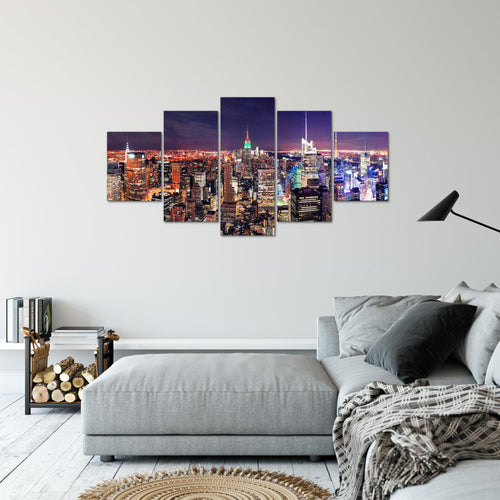 Runa Art Bild Wohnzimmer Büro New York Skyline 5 Teilig Städte Violett Lila Wandbilder auf Vlies Leinwand 036253a