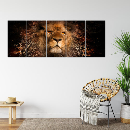 Runa Art Wandbild XXL Afrika Löwe Wohnzimmer Schlafzimmer 200 x 80 cm Schwarz Gold 5 Teilig - Made in Germany - 040755a