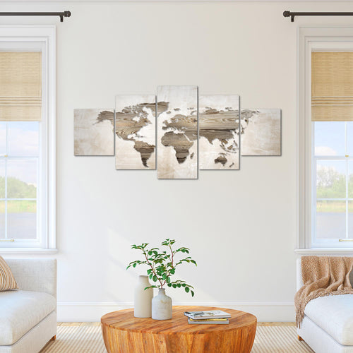 Runa Art - Bilder Weltkarte 200 x 100 cm 5 Teilig XXL Wanddekoration Design Beige Braun 035051a