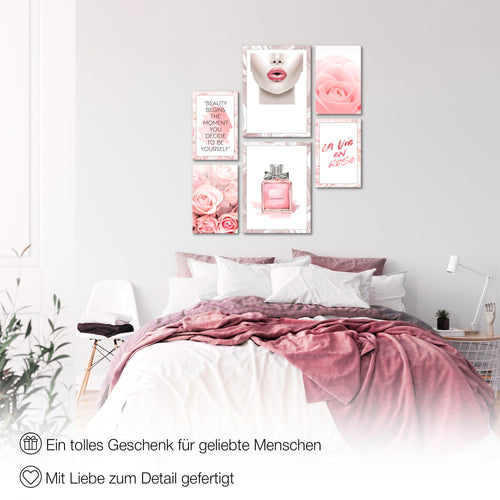 Novart Wandbilder Set Fashion Rosa - KEIN EXTRA RAHMEN BENÖTIGT -  Modern Deko  - Wohnzimmer Mädchen Teenager N015863a