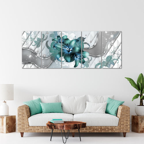 Runa Art Wandbild XXL Blumen Lilien Wohnzimmer Schlafzimmer 200 x 80 cm Grau Türkis 5 Teilig - Made in Germany - 016555a