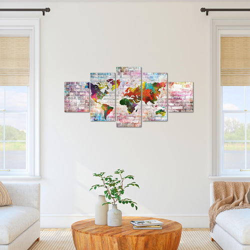 Runa Art Bild Büro Wohnzimmer Weltkarte 5 Teilig Steinoptik Ziegel Bunt Wandbilder auf Vlies Leinwand 106953a