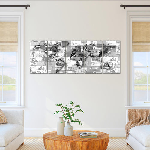 Runa Art Wandbild XXL Weltkarte Banksy Collage Loft Wohnzimmer 200 x 80 cm Grau 5 Teilig - Made in Germany - 104555c
