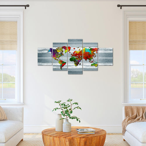 Runa Art Bild Büro Wohnzimmer Weltkarte 5 Teilig Kontinente Holz Bunt Wandbilder auf Vlies Leinwand 105453c