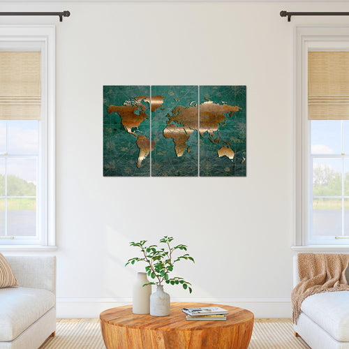 Runa Art Wandbilder Weltkarte Bild XXL Büro Wohnzimmer Grün Braun Antik 120 x 80 cm 3 Teilig 109031b