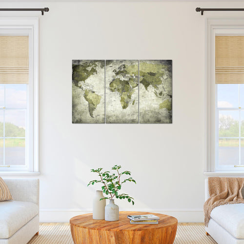 Runa Art Wandbilder Weltkarte Bild XXL Büro Wohnzimmer Grün Vintage Antik 120 x 80 cm 3 Teilig 103431c