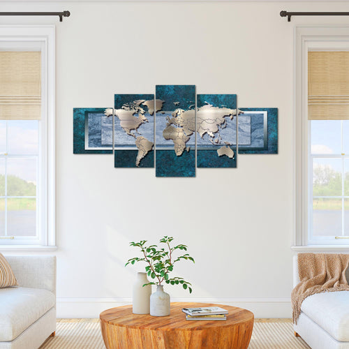 Runa Art - Bilder Weltkarte 200 x 100 cm 5 Teilig XXL Wanddekoration Design Blau 106751c