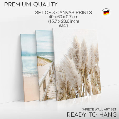 Novart Bilder Set Landschaft - KEIN EXTRA RAHMEN BENÖTIGT - Wandbilder für Wohnzimmer Schlafzimmer Büro - 3 Teilig Deko Strand - N004836a