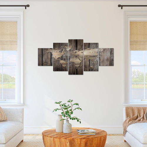Runa Art Bild Büro Wohnzimmer Weltkarte 5 Teilig Holzoptik Beige Braun Wandbilder auf Vlies Leinwand 035053b