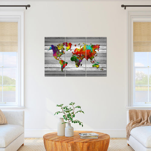 Runa Art Wandbilder Weltkarte Bild XXL Büro Wohnzimmer Bunt Kontinente Holz 120 x 80 cm 3 Teilig 105431b