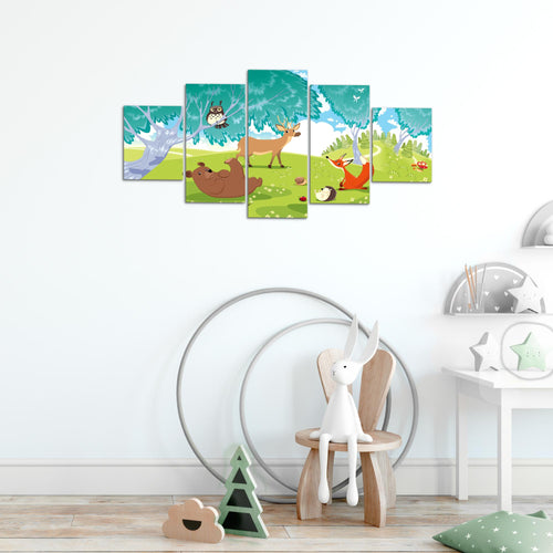 Runa Art Bild Spielzimmer Baby Waldtiere 5 Teilig Kinderzimmer Junge Mädchen Wandbilder auf Vlies Leinwand 001853c