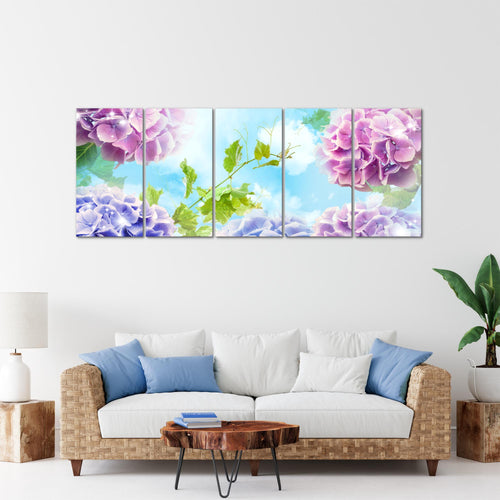 Runa Art Wandbild XXL Blumen Hortensien Wohnzimmer Schlafzimmer 200 x 80 cm Bunt 5 Teilig - Made in Germany - 017555c