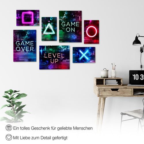 Novart Wandbilder Spielkonsole Gamer - KOMPLETT AUFHÄNGFERTIG - Bunt Kinderzimmer Junge Teenager - 7 Moderne Mood-Bilder - N021371a