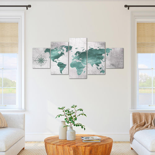 Runa Art - Bilder Weltkarte 200 x 100 cm 5 Teilig XXL Wanddekoration Design Grün Grau 026051c