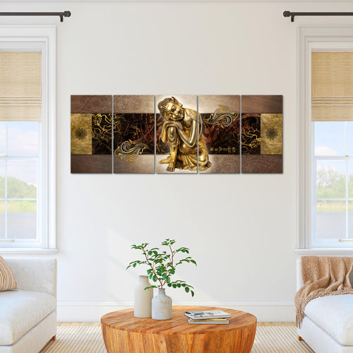 Runa Art Wandbild XXL Buddha Zen Wohnzimmer Schlafzimmer 200 x 80 cm Gold 5 Teilig - Made in Germany - 041355a