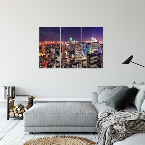 Runa Art Wandbilder New York Skyline Bild XXL Wohnzimmer Büro Violett Lila Städte 120 x 80 cm 3 Teilig 036231a