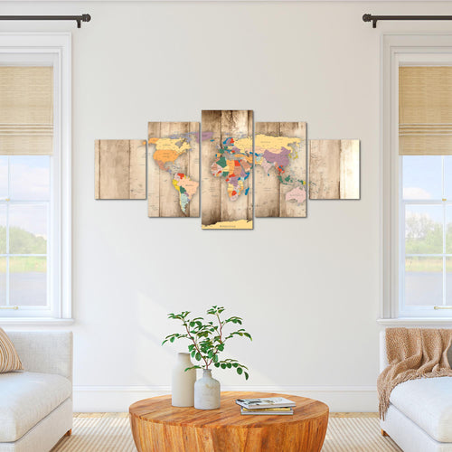 Runa Art - Bilder Weltkarte Holz 200 x 100 cm 5 Teilig XXL Wanddekoration Design Biege 108751a