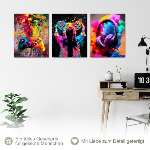 Novart Wandbilder Set Gamer - KOMPLETT AUFHÄNGFERTIG - Kinderzimmer Deko - 3 Moderne Bilder Videospiel - N041235a