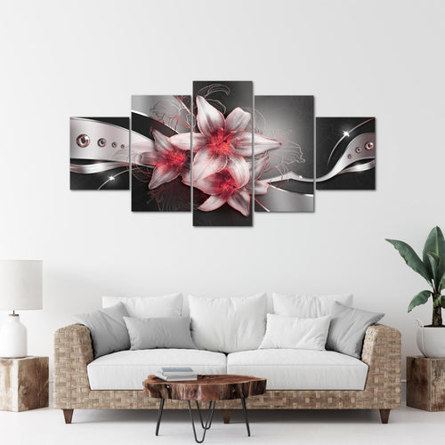 Runa Art - Bilder Blumen Lilien 200 x 100 cm 5 Teilig XXL Wanddekoration Design Schwarz Rot 039651c