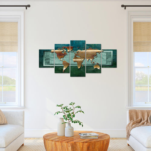 Runa Art Bild Büro Wohnzimmer Weltkarte 5 Teilig Landkarte metall Grün Wandbilder auf Vlies Leinwand 106753b