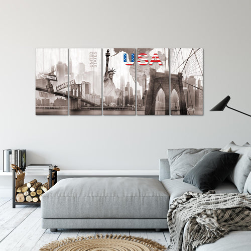 Runa Art Wandbild XXL New York Wohnzimmer Büro 200 x 80 cm Sepia Beige 5 Teilig - Made in Germany - 034755b