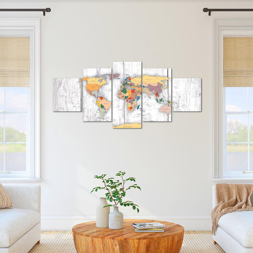 Runa Art - Bilder Weltkarte Holz 200 x 100 cm 5 Teilig XXL Wanddekoration Design Weiss 108751c