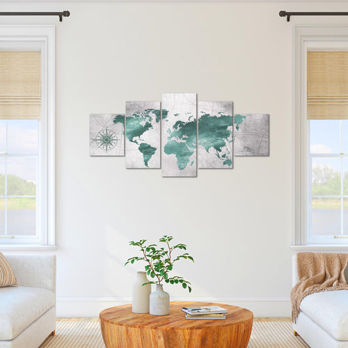 Runa Art Bild Büro Wohnzimmer Weltkarte 5 Teilig Vintage Grün Grau Wandbilder auf Vlies Leinwand 026053c