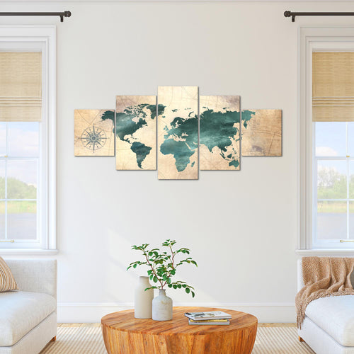 Runa Art - Bilder Weltkarte 200 x 100 cm 5 Teilig XXL Wanddekoration Design Grün braun 026051a