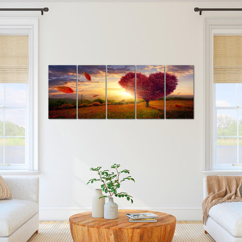 Runa Art Wandbild XXL Herbst Baum Herz Wohnzimmer Schlafzimmer 200 x 80 cm Rot Blau 5 Teilig - Made in Germany - 605855a