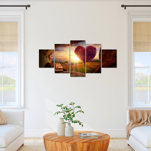 Runa Art Bild Wohnzimmer Schlafzimmer Natur Gebirge 5 Teilig Baum Herz Beige Rosa Wandbilder auf Vlies Leinwand 607653c