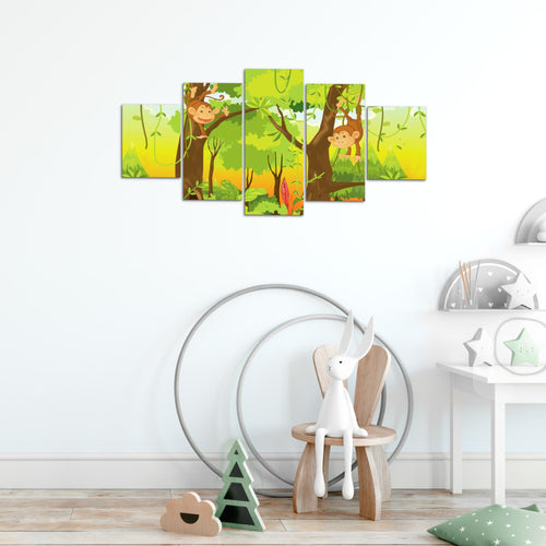 Runa Art Bild Spielzimmer Baby Tiere Dschungel 5 Teilig Kinderzimmer Bunt Wandbilder auf Vlies Leinwand 001853b