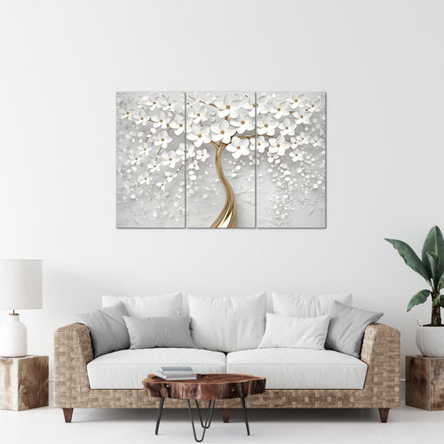 Runa Art Wandbilder Blumen Bild XXL Wohnzimmer Schlafzimmer Weiss Gold Abstrakt Baum 120 x 80 cm 3 Teilig 039731a