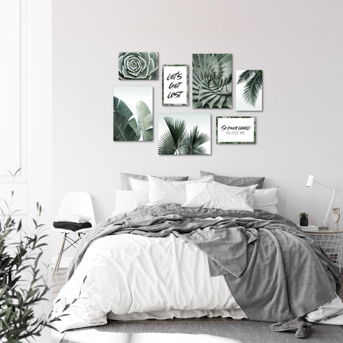 Novart Wandbilder Afrika Palmen - KOMPLETT AUFHÄNGFERTIG - Mit Spruch Wohnzimmer Schlafzimmer - 7 Moderne Mood-Bilder - N015171a