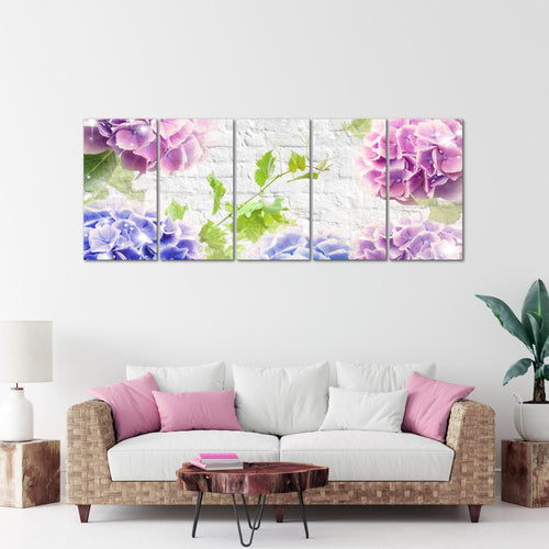 Runa Art Wandbild XXL Blumen Hortensien Wohnzimmer Schlafzimmer 200 x 80 cm Bunt 5 Teilig - Made in Germany - 017555a