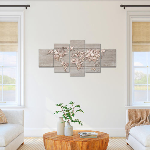 Runa Art Bild Wohnzimmer Schlafzimmer Weltkarte Blumen 5 Teilig Holzwand Beige Braun Wandbilder auf Vlies Leinwand 023253c