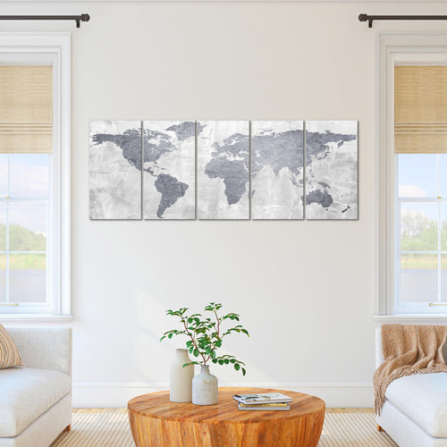 Runa Art Wandbild XXL Weltkarte Büro Wohnzimmer 200 x 80 cm Grau 5 Teilig - Made in Germany - 104355c