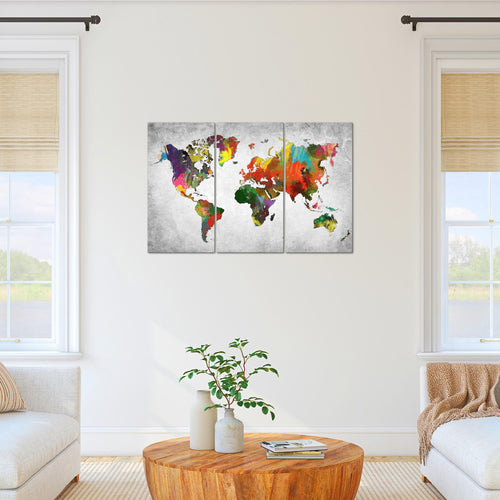 Runa Art Wandbilder Weltkarte Bild XXL Büro Wohnzimmer Bunt Landkarte Beton 120 x 80 cm 3 Teilig 105131c