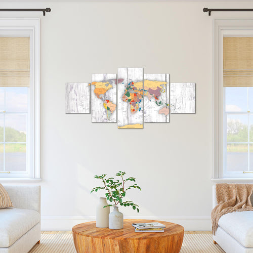 Runa Art Bild Büro Wohnzimmer Weltkarte Holz 5 Teilig Kontinente Weiss Wandbilder auf Vlies Leinwand 108753c