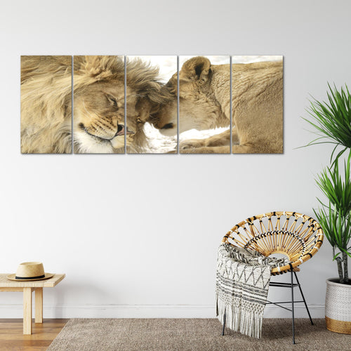 Runa Art Wandbild XXL Löwen Liebe Wohnzimmer Schlafzimmer 200 x 80 cm Beige 5 Teilig - Made in Germany - 002155a