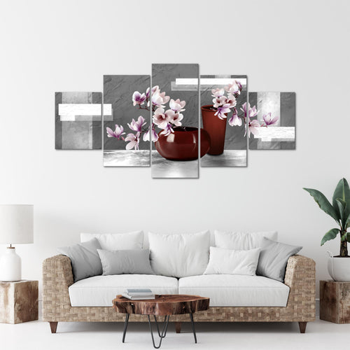 Runa Art - Bilder Blumen Abstrakt 200 x 100 cm 5 Teilig XXL Wanddekoration Design Grau Rosa 035251c
