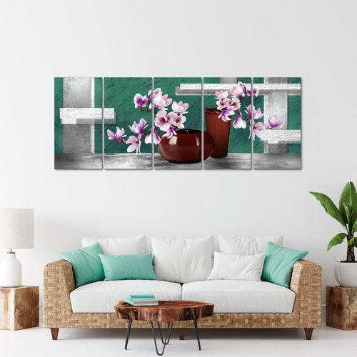Runa Art Wandbild XXL Blumen Abstrakt Wohnzimmer Schlafzimmer 200 x 80 cm Türkis Grau 5 Teilig - Made in Germany - 035255b
