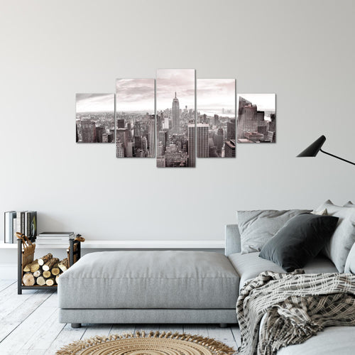 Runa Art Bild Wohnzimmer Büro New York Skyline 5 Teilig USA Grau Rosa Wandbilder auf Vlies Leinwand 010253b