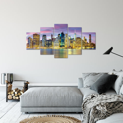 Runa Art Bild Wohnzimmer Büro New York City 5 Teilig Amerika NY Lila Bunt Wandbilder auf Vlies Leinwand 010053c
