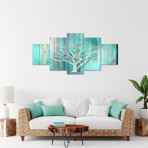 Runa Art Bild Wohnzimmer Baum Abstrakt 5 Teilig Holzmotiv Türkis Grau Wandbilder auf Vlies Leinwand 039953c