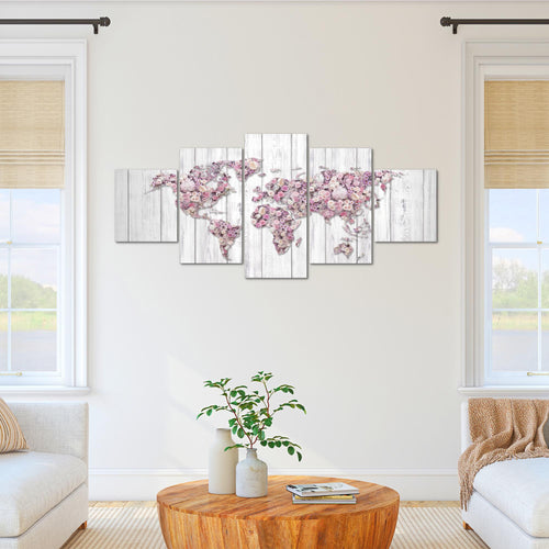 Runa Art - Bilder Weltkarte Blumen 200 x 100 cm 5 Teilig XXL Wanddekoration Design Grau Rosa 023251b