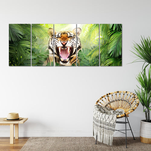 Runa Art Wandbild XXL Tieger Abstrakt Wohnzimmer Schlafzimmer 200 x 80 cm Grün Orange 5 Teilig - Made in Germany - 037555a